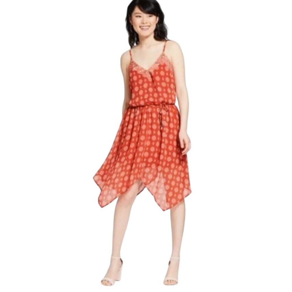 Xhilaration XS Red Boho Dress Sleeveless Paisley Handkerchief Hem V Neck
